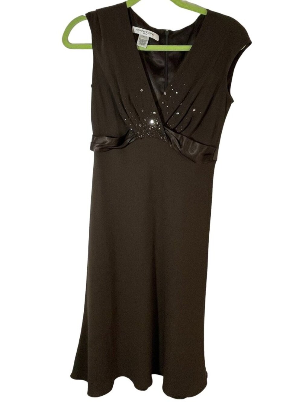 Evan picone dress embellished layered v neck zip up solid brown size 4 READ
